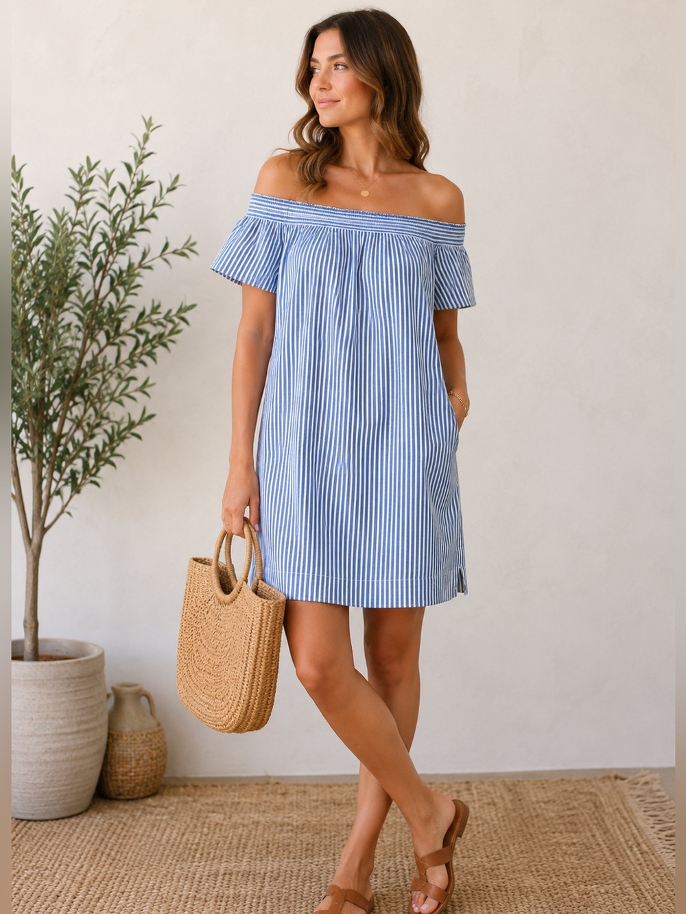 J. Crew Blue and White Striped Off-Shoulder Dress